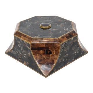 Vintage Maitland Smith Abalone, Horn, Stone and Wood Hinged Large Octagonal Box Rare For Sale