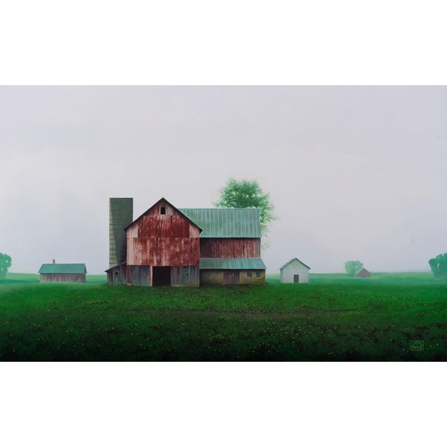 Spring Morning by Michael Miller | Oil on Panel of a red barn in a green field with trees For Sale