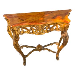 Small Antique Gilt Italian Faux Marble Top Console Table Serpentine Front For Sale