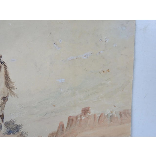 Illustration Vintage 1930's Distressed Wild Horses Landscape Watercolor Painting For Sale - Image 3 of 6