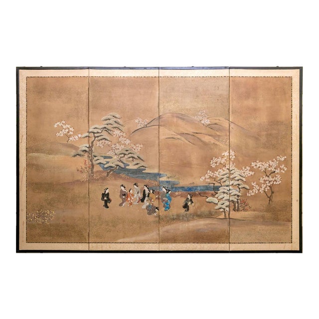 Vintage Japanese Four Panel Hand Painted Byobu Screen For Sale