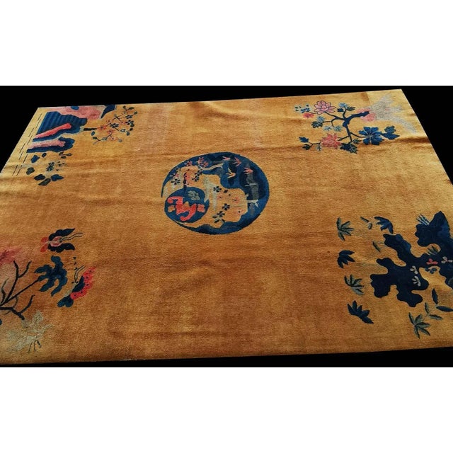 1920s Orange Medallion Scene Antique Chinese Art Deco Carpet 6' X 8'6 Knotted Wool Rug For Sale - Image 9 of 9