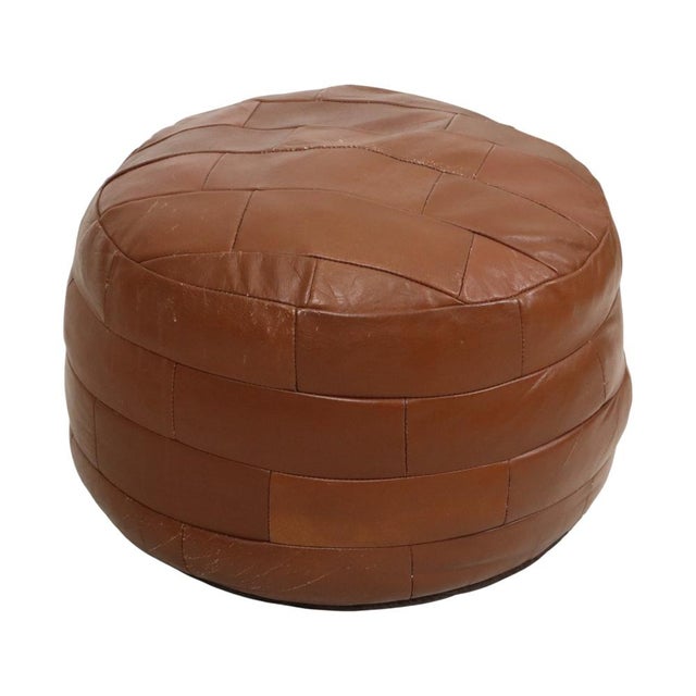 Vintage round pouf, patchwork style, made from high-quality brown faux leather, second half of the 20th century. This...