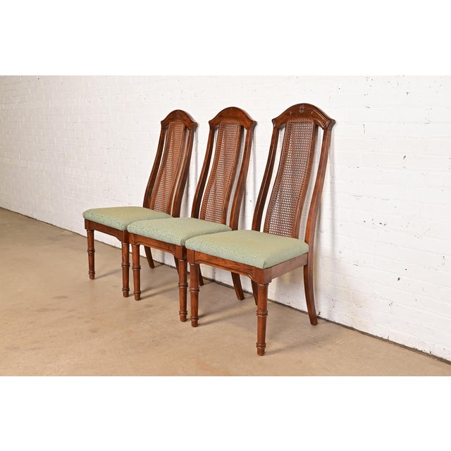 Mid-Century Modern Henredon Style Mid-Century Hollywood Regency Carved Oak and Cane Bamboo Form High Back Side Chairs or Dining Chairs, Set of Three For Sale - Image 3 of 12