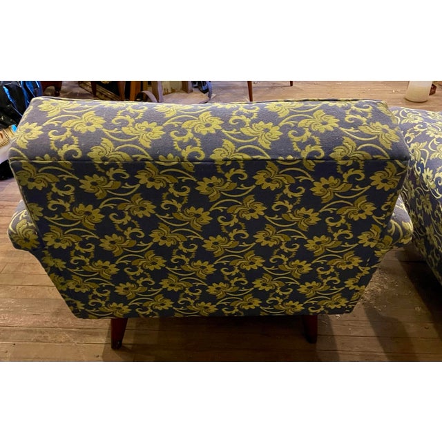 Mid-Century Modern Mid 20th Century Blue Shiny & Matt Lime Green Floral Upholstery Club Lounge Chair For Sale - Image 3 of 12