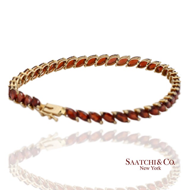 Contemporary Vintage 14k 585 Solid Yellow Gold Red Garnet Marquise Cut Tennis Bracelet For Sale - Image 3 of 13