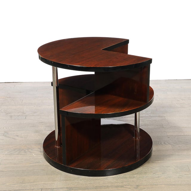 Art Deco Machine Age 3-Tier Walnut Occasional Table With Chrome Rod Supports For Sale In New York - Image 6 of 15
