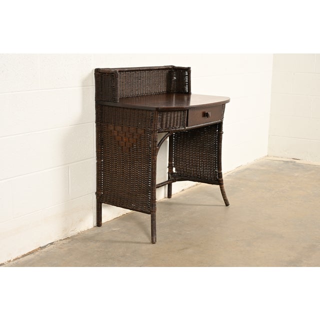 Heywood-Wakefield Heywood-Wakefield Antique Arts & Crafts Mission Oak & Rattan Wicker Writing Desk | Circa 1890s For Sale - Image 4 of 15