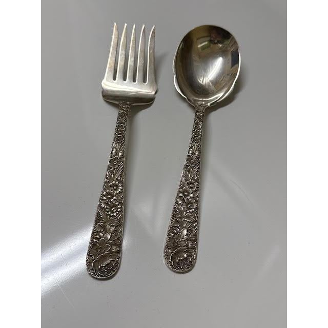 1950s S. Kirk Repousse Pattern Sterling Silver Large Heavy Serving Spoon & Fork Utensil Set. No Monogram For Sale - Image 14 of 15