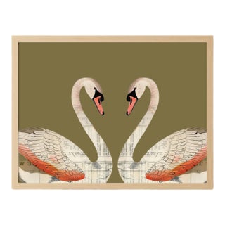 Summer Love Swans Art Print 24 X 30 in Natural Wood Frame With Neutral Gray-Brown-Green Background For Sale