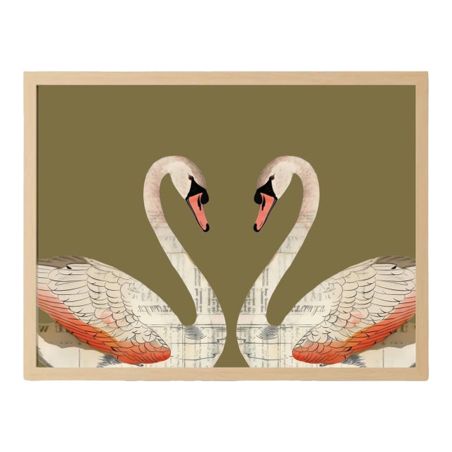 Summer Love Swans Art Print 24 X 30 in Natural Wood Frame With Neutral Gray-Brown-Green Background For Sale