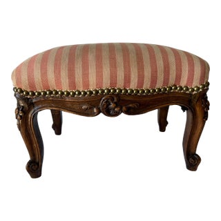 Early 20th Century French-Style Carved Wood Upholstered Footstool For Sale