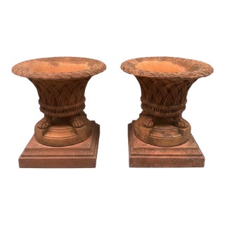 Pair of Large 31" Basket Weave Stone Urn Planters With Lion Paw Feet For Sale