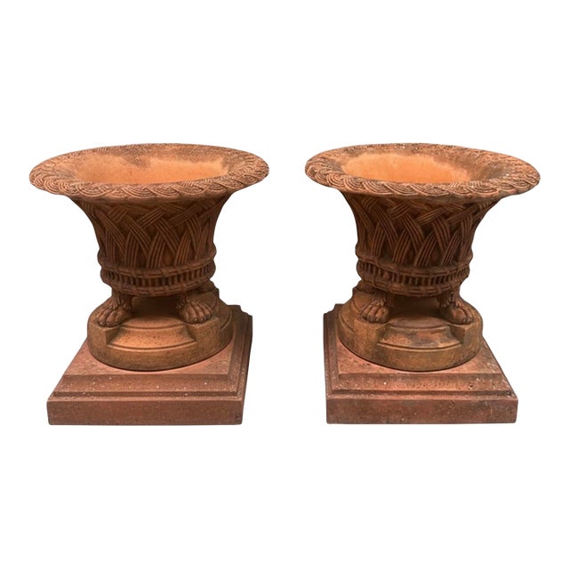 Pair of Large 31" Basket Weave Stone Urn Planters With Lion Paw Feet For Sale