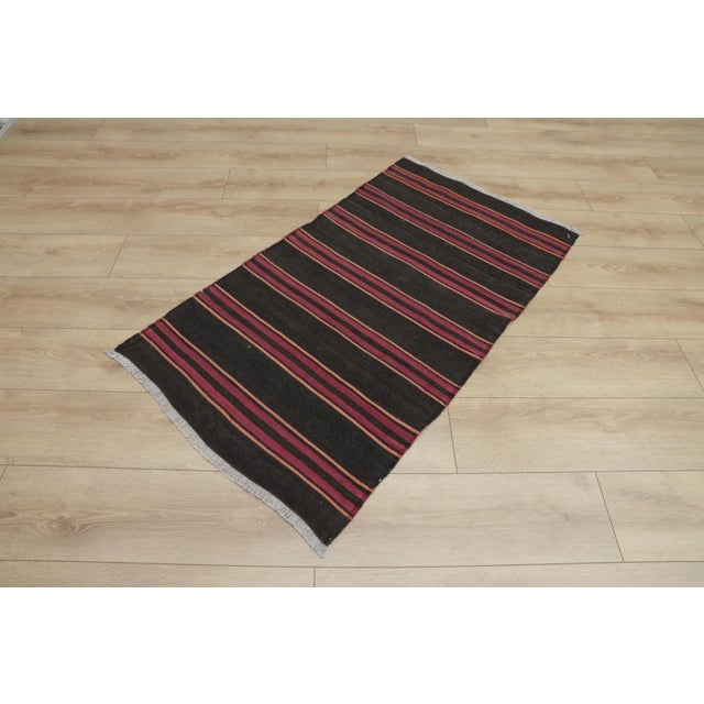 1980s 1980s Tribal Black Striped Kilim Small Rug For Sale - Image 5 of 13