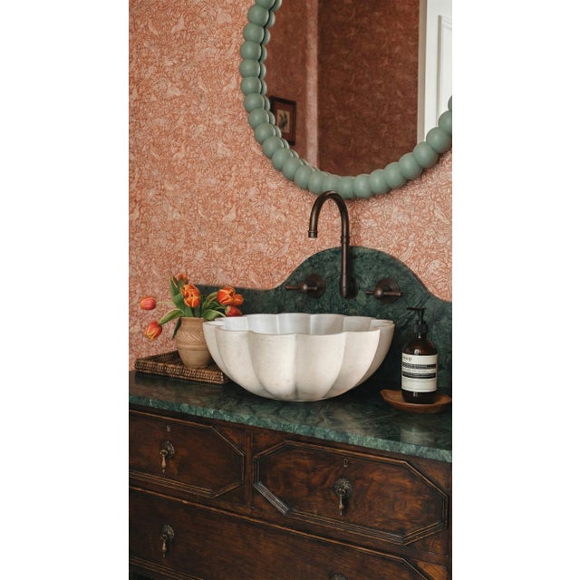 Modern Hand-Carved White Marble Cirque Floral Vessel Sink - Modern Bathroom Vanity Basin For Sale - Image 3 of 10