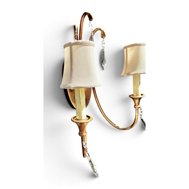 1990s Mid-Century Modern Gold Leaf 2-Light Crystal Wall Sconce For Sale - Image 10 of 14