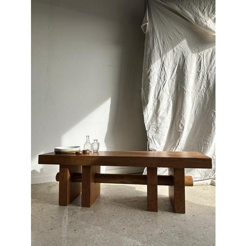 Wood Bench with Openwork Base Crossed by a Cylinder For Sale - Image 4 of 18