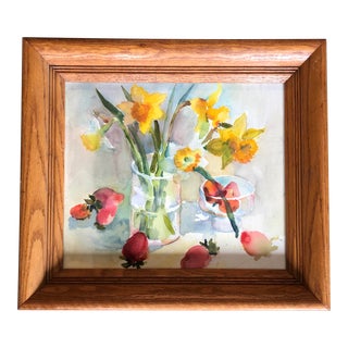 Original Vintage Watercolor Strawberries & Daffodils Framed For Sale