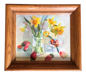 Original Vintage Watercolor Strawberries & Daffodils Framed