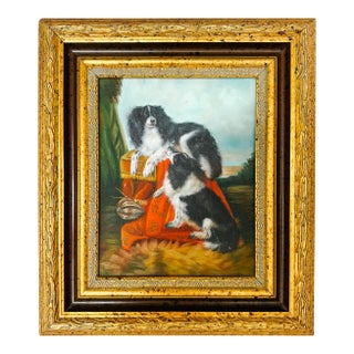 Vintage Oil Painting on Board of King Charles Spaniels After Richard Ansdell - Unsigned For Sale