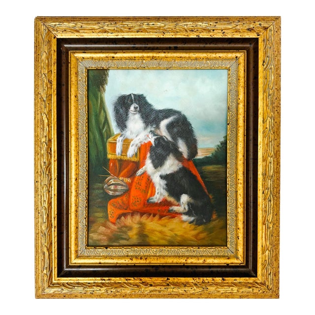 Vintage Oil Painting on Board of King Charles Spaniels After Richard Ansdell - Unsigned For Sale