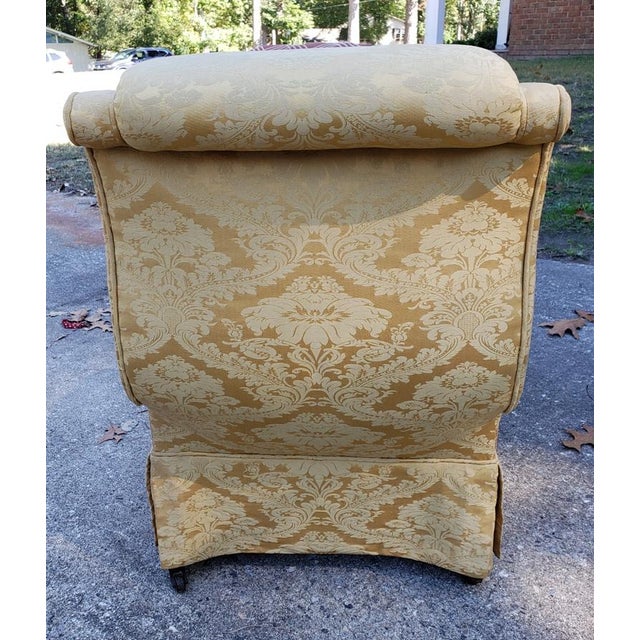1930s Pair Scroll-Back Slipper Chairs in Yellow Floral Damask Brocade, Pair For Sale - Image 5 of 8