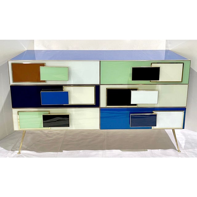 Italian Mondrian Style Blue Green White Brown Modern Brass Dresser/Chest For Sale In New York - Image 6 of 17