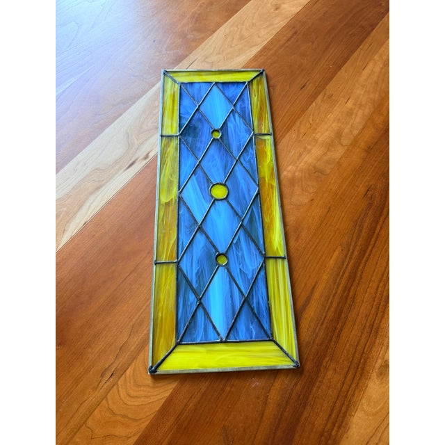 Blue Vintage Geometric Leaded Stained Glass Panel With Opalescent Art Glass For Sale - Image 8 of 8