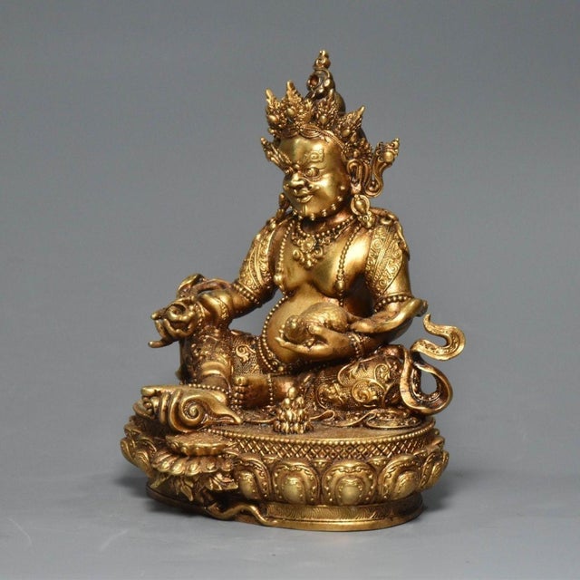 Traditional Vintage Gilt Bronze Yellow Jambhala Statue God of Wealth Altar Sculpture 4.3" For Sale - Image 3 of 9