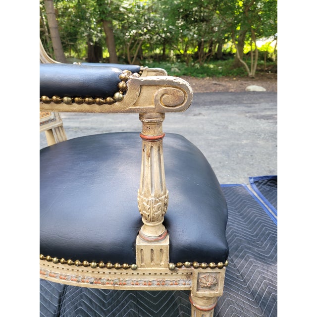 Wood Late 20th Century Pair of Custom Neo-Classical French Cane Back Chairs With Black Leather Seat For Sale - Image 7 of 9