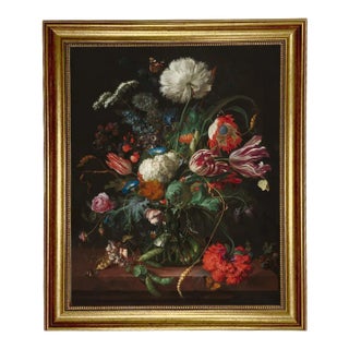 "Vase of Flowers" After Jan Davidsz DeHeem, Contemporary Reproduction Print on Canvas, Small Gold Frame, 16 x 20 For Sale