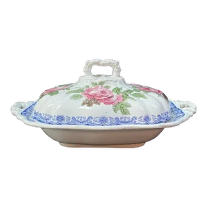 1830s Antique English Staffordshire Jackson Polychrome Earthenware ‘Moss Rose’ Covered Vegetable Tureen / Serving Dish