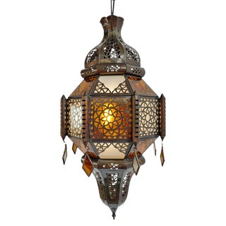 Moorish Frosted & Amber Tin Lantern For Sale