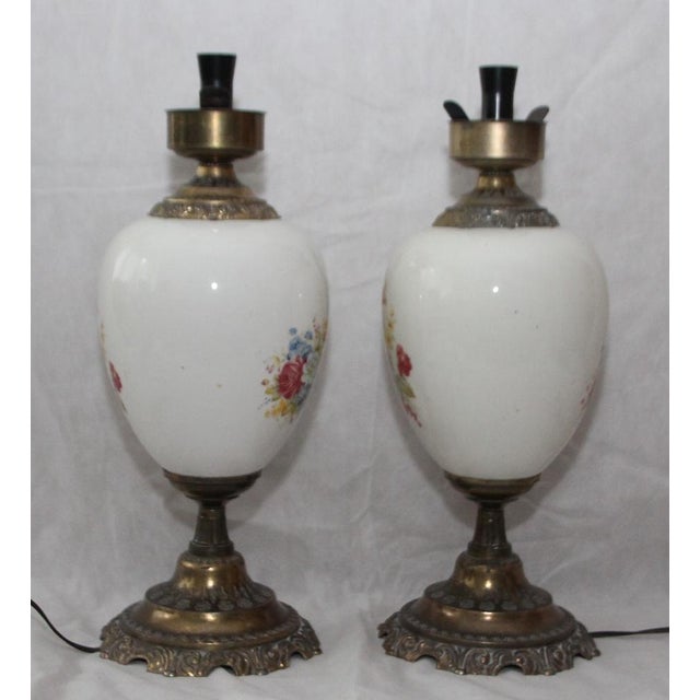 Opaline Frosted Glass Lampshade with Floral Decor Lamps, 1950s, Set of 2 For Sale - Image 17 of 18