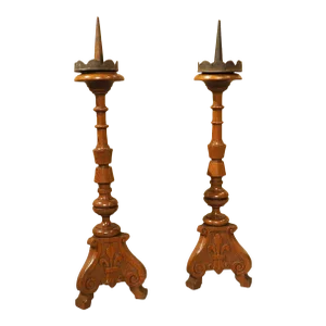 Pair of Early 1900's French Pine Candlesticks With Fleur De Lys Relief Carvings