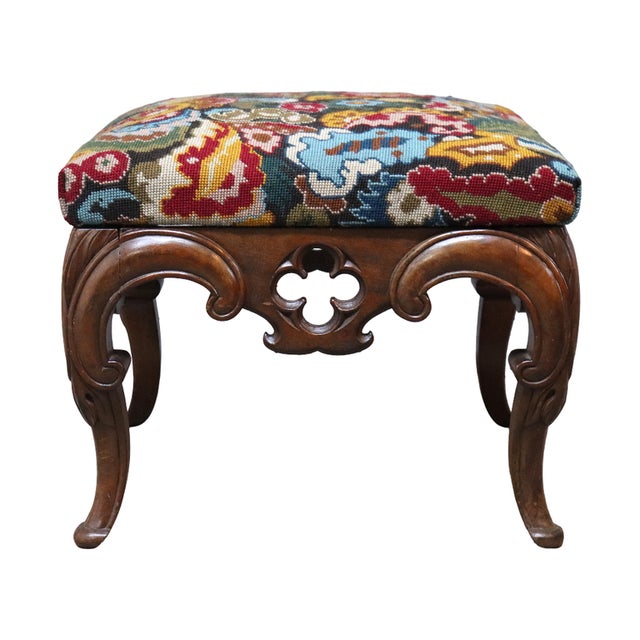 Rococo Rococo Carved Walnut Floral Needlepoint Footstool C1880 For Sale - Image 3 of 13