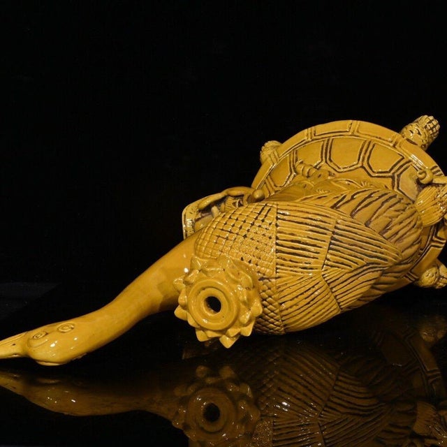 Ceramic Pair of Large Chinese Yellow Glazed Porcelain Turtle & Crane Candlesticks For Sale - Image 7 of 9