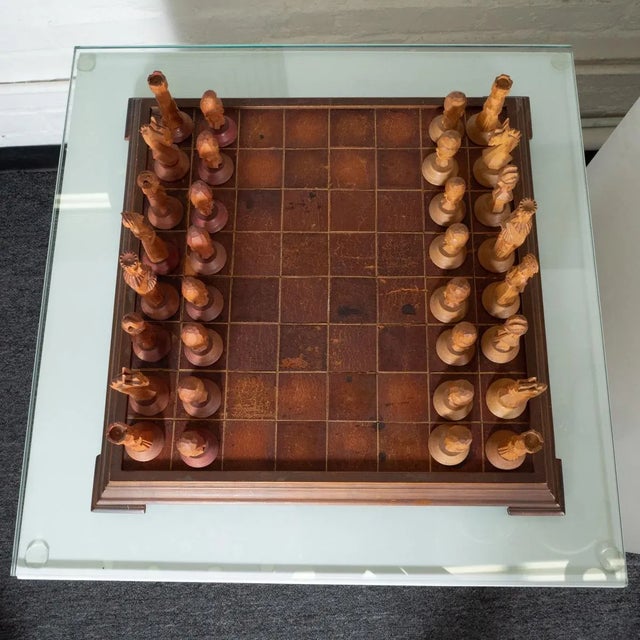 1940s Vintage Hand-Carved Wood and Leather Chess Set For Sale - Image 5 of 11