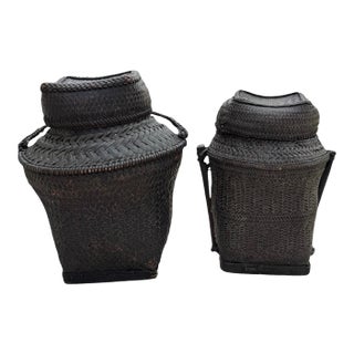 Pair of Tall Handwoven Vintage Ifugao Rice Baskets For Sale