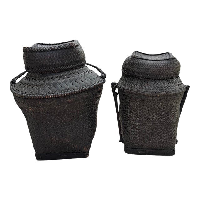 Pair of Tall Handwoven Vintage Ifugao Rice Baskets For Sale