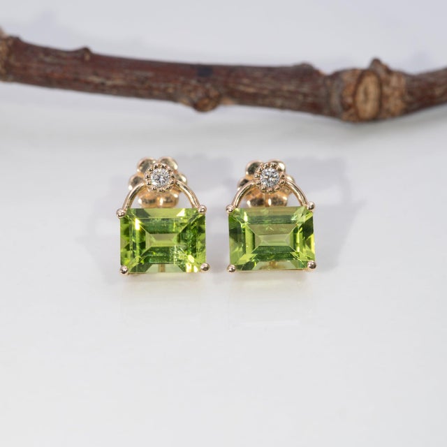 3.3Ct Peridot Earrings With Earth-Mined Diamond Accents in Solid 14k Gold, 8x6mm For Sale - Image 4 of 8