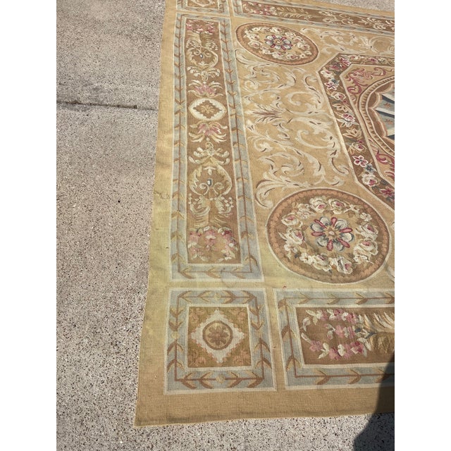 Early 20th Century Aubusson Flatweave Rug in Gold, Beige-Brown & Blue Florals For Sale - Image 5 of 12