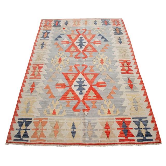 Textile Vintage Turkish Kilim – Handwoven Wool Flat Weave Rug With Tribal Geometric Design For Sale - Image 7 of 12