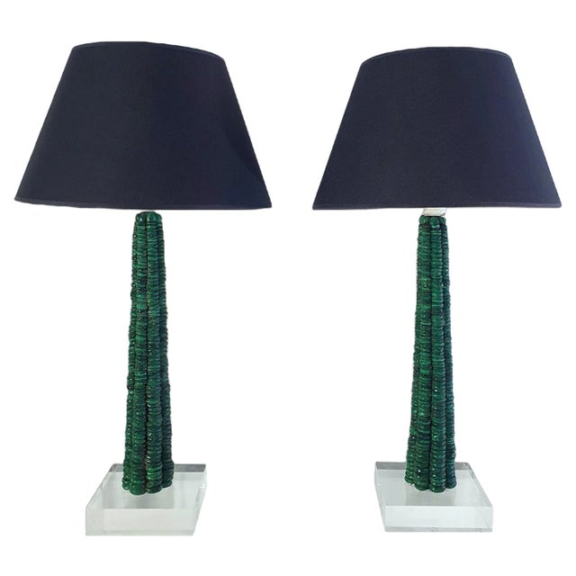 Malachite and Acrylic Table Lamps, 1990s, Set of 2 For Sale