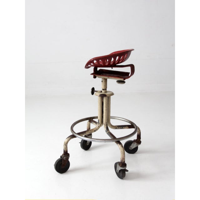 Metal Vintage Industrial Rolling Stool With Cast Iron Tractor Seat For Sale - Image 7 of 18