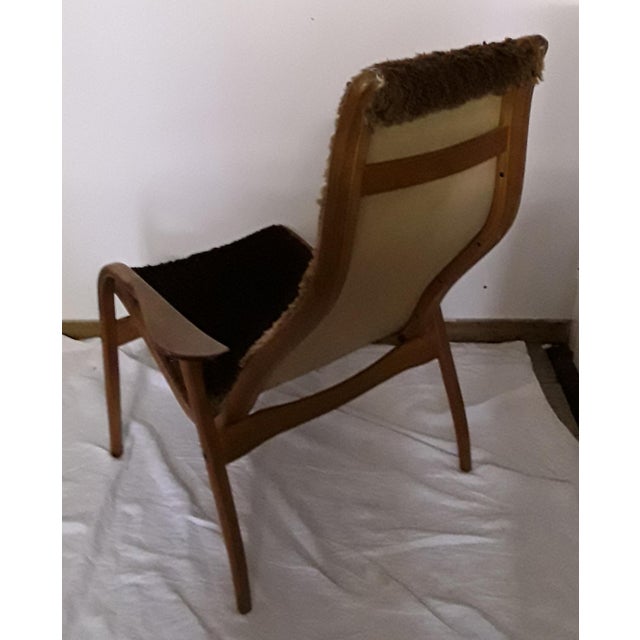 Yngve Ekström Vintage Swedish Oak Plywood, Linen & Brown Plush Armchair by Yngve Ekström for Swedese, 1965 For Sale - Image 4 of 13