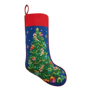 Christmas Tree Embroidered Needlepoint Stocking For Sale