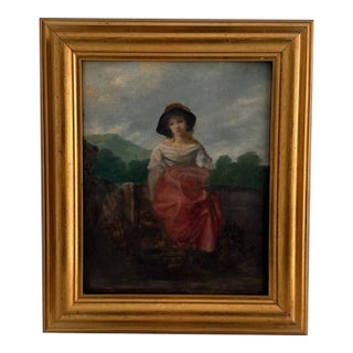 Peasant Girl With Red Skirt Antique Oil Painting For Sale