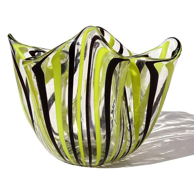 Beautiful vintage Murano hand blown Filigrana stripes Italian art glass mini decorative fazzoletto handkerchief vase....